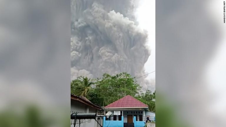 Mount Semeru spews ash into the air during an eruption on Saturday