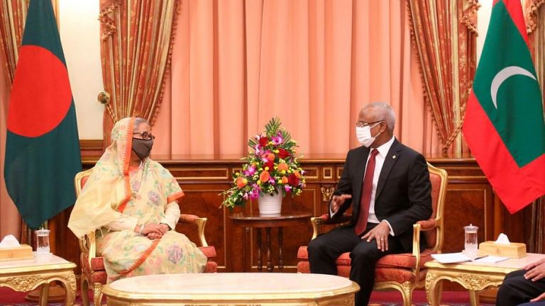 Prime minister Sheikh Hasina holds a bilateral talks with Maldivian president Ibrahim Mohamed Solih at the President’s Office in Male on 23 December 2021